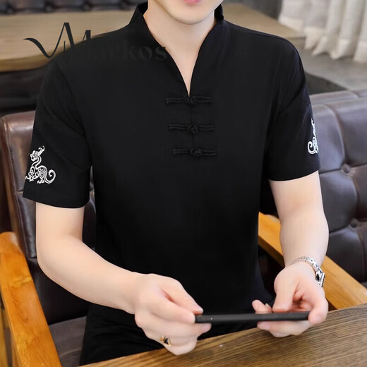 Markos new Chinese style cotton linen short-sleeved T-shirt for men 2025 new summer plate button V-neck embroidered Tang suit Hanfu men E9871 white M [90-105Jin [Jin equals 0.5 kg]]