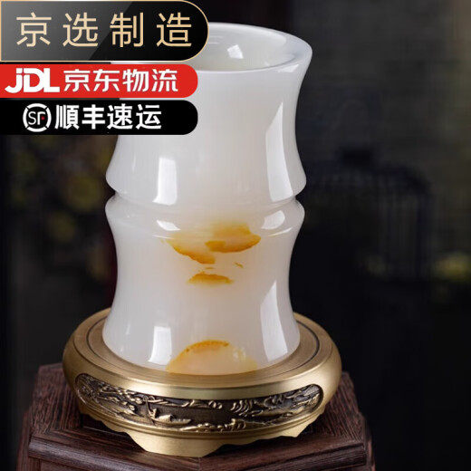 吉善缘天然玉石大号毛笔筒摆件书房办公室装饰礼品中国风送男士升职礼物 竹节瓶笔筒配黄铜底座-B12805