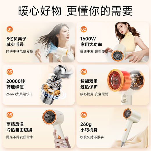 【95成新】苏泊尔（SUPOR）5亿负离子护发电吹风 可折叠便携速干吹风机 家用宿舍风筒 EHDL-F844A 米橙 送女友520情人节礼物 
