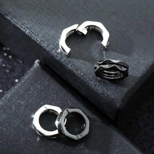 Miao Yijia men's ear clips without piercing boys' earrings black ear studs trendy niche handsome high-end silver earrings accessories double layer three-dimensional ear clips 1 silver 1 black one pair