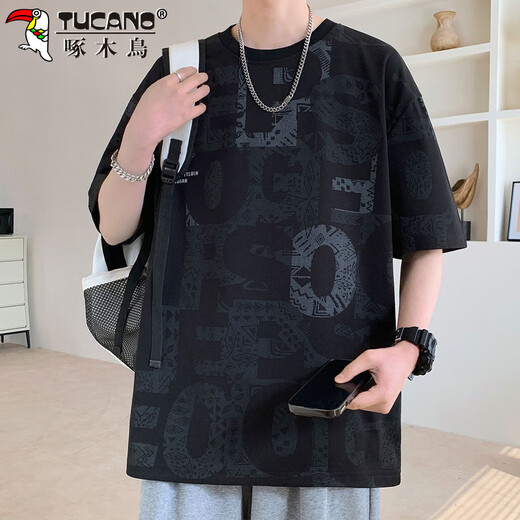 啄木鸟（TUCANO）短袖t恤男士夏季宽松透气上衣服潮流高端半袖休闲男装 黑色  XL 