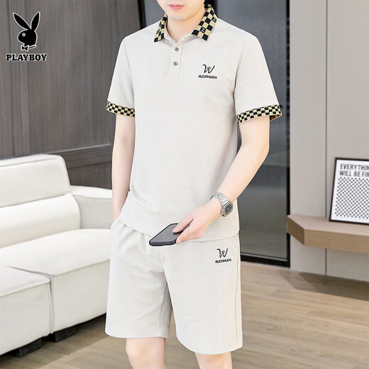 Playboy (Playboy) High-End-Lapel-Shorts-Shorts-Shorts für Herren-Sommer-High-End-Freizeitsportarten zweiteiler Set Herren-Kleidung für Herren bequeme, off-weiße 9902 [Set] M [Vorgeschlagen 90-105jin [Jin gleich 0,5 kg]]]