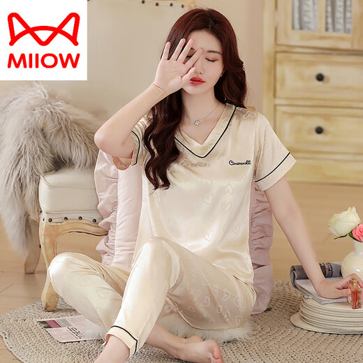 MiiOW ice silk pajamas for women 2025 new short-sleeved trousers home wear with chest pad summer ladies can wear outside 1349-sand green short-sleeved three-quarter pants M