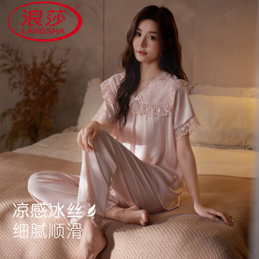 Pajamas de seda de Langsha para mujeres en verano Los pantalones de pantalones de manga corta para el verano pueden usar ropa de seda de mora Mulberry Home D693 Estilo de mujer rosa de dos piezas de dos piezas M