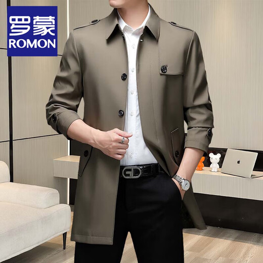 ROMON extra long over the knee spring and autumn versatile windbreaker men's mid-length trendy 2025 autumn and winter new coat double-breasted coat 2168-135 Khaki over the knee L 120-140 Jin Jin equals 0.5 kg