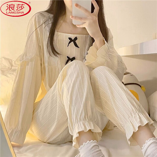 Langsha Pyjamas (Langsha) Frauen Frühlings- und Herbst-Spitzen-Spitzen-Lace Casual Princess Style Bow 2025 Neues Ins Girls 'Home Clothing Set 1105 Butterfly Spitzenkragen [Langarmanzug] M 70-95jin [Jin gleich 0,5 kg]
