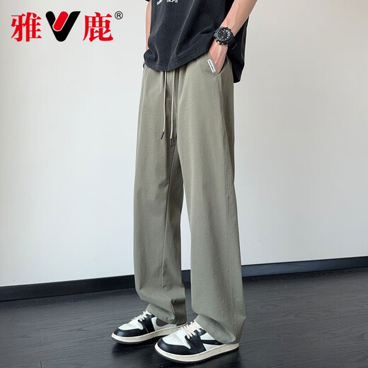 雅鹿冰丝裤子男夏季速干薄款宽松直筒休闲裤男生新款凉感运动阔腿长裤 6636黑色 4XL 约170-190斤