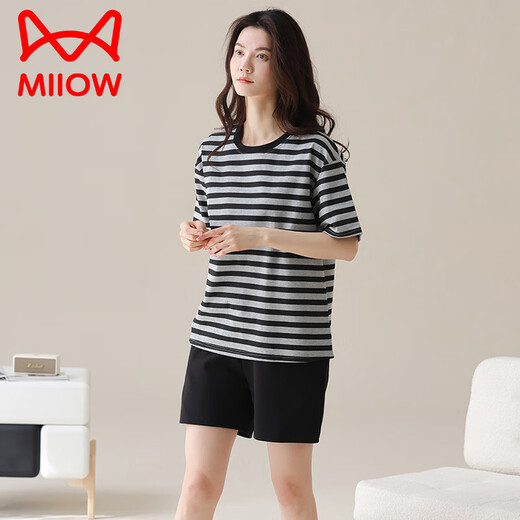 MiiOW pajamas for women summer pure cotton short-sleeved shorts can be worn outside 2025 new cotton home wear set 9848 black and white stripes brand 100 pure cotton M recommended 80-100 Jin Jin equals 0.5 kg to wear