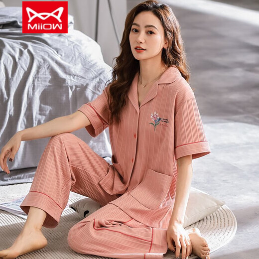 猫人（MiiOW）睡衣女士夏季纯棉短袖长裤家居服春夏天薄款开衫加大码 QNM-LMSJ-Q9929 M -【建议80斤-100斤】