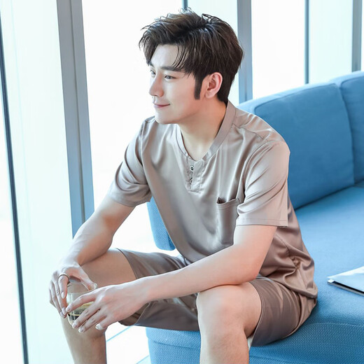 UKUHPK summer men's ice silk pajamas short-sleeved shorts suit thin home clothes cardigan 9864-gray blue L (100-125Jin[Jin equals 0.5 kg])