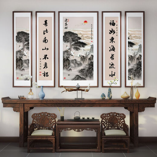 Las pinturas de Wulianzhongtang de la sala principal, la sala de estar de Villa es elegante, la casa rural de auto-construida, las pinturas de decoración del paisaje de la sala ancestral, el 70% de la elección del cliente en el medio, el medio es 12060+4 12025cmps, bordes ambientales ambientales ambientales.