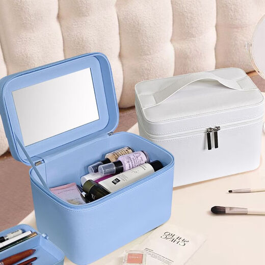 Cosmetic case with multifunctional capacity, simple and portable double-layered hand cosmetic bag, Internet celebrity cosmetics storage box with mirror, black cross pattern with partition mirror