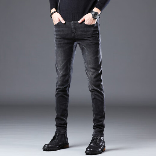 
Jinba brand men's summer thin black jeans men's slim feet Korean version high-end elastic casual high-end trousers 1048-Black 38
