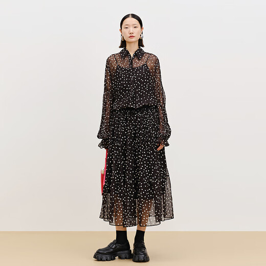 AUM Easy Suit Spring New Chiffon Printed Polka Dot Shirt Black Skirt Black Skirt M