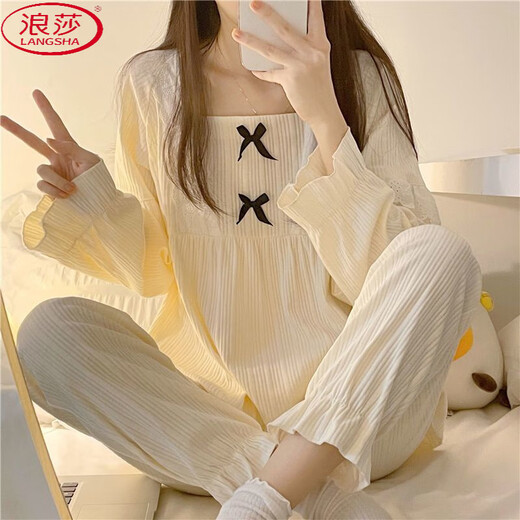 Langsha Pyjamas (Langsha) Frauen Frühlings- und Herbst-Spitzen-Spitzen-Lace Casual Princess Style Bow 2025 Neues Ins Girls 'Home Clothing Set 1105 Butterfly Spitzenkragen [Langarmanzug] M 70-95jin [Jin gleich 0,5 kg]