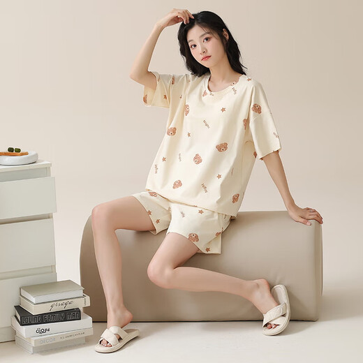 睡衣女夏季带胸垫2025年新款夏天纯棉圆领短袖短裤套头家居服套装 Z1343 L
