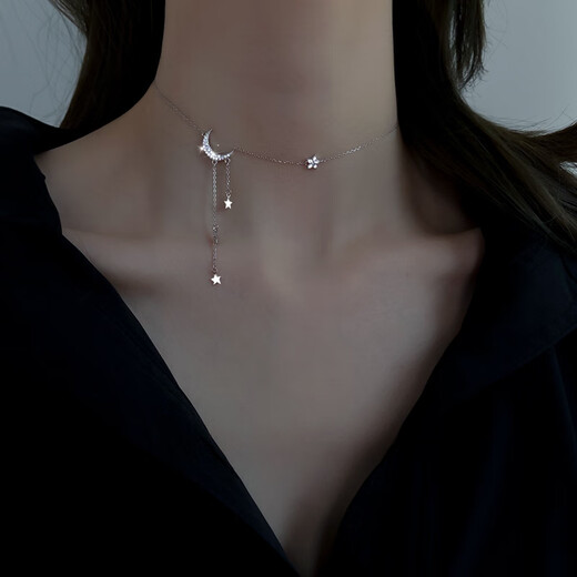 Lao Tempel 925 Sterling Silber Star Moon Pullover Halskette für Frauen 2025 Neumond Spritzer Star River Fransen Pullover Colarmbone Kette 925 Silver Star Moon Quasten - Halskette