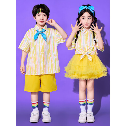 Zhaolu's 80's nostalgic clothes for Children's Children's Children's Day Performance Costumes Primary School Cheerleader Performance Costumes Kindergarten Graduation Yellow Striped Shirt + Yellow Overalls + Headband + Blue 130 cm