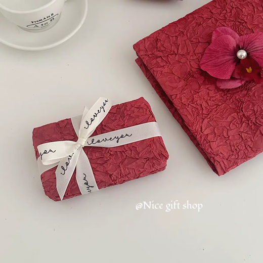 Burgundy stone-grained paper, high-end light luxury festive gift wrapping paper, textured wedding gift holiday decoration paper, 1 piece of burgundy stone-grained paper + red phalaenopsis + 1 meter English ribbon + double-sided tape