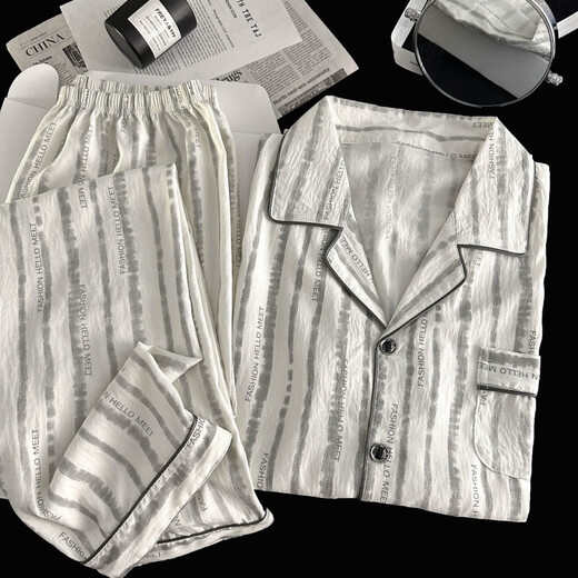UKUHPK Pyjama Herren Frühlings- und Herbst-Cloud-Baumwoll-Langarmdünnstil 2025 Jugend Einfacher großer Sommerset 12401 [Modell Cloud Cotton] L [100-130jin [Jin entspricht 0,5 kg]]