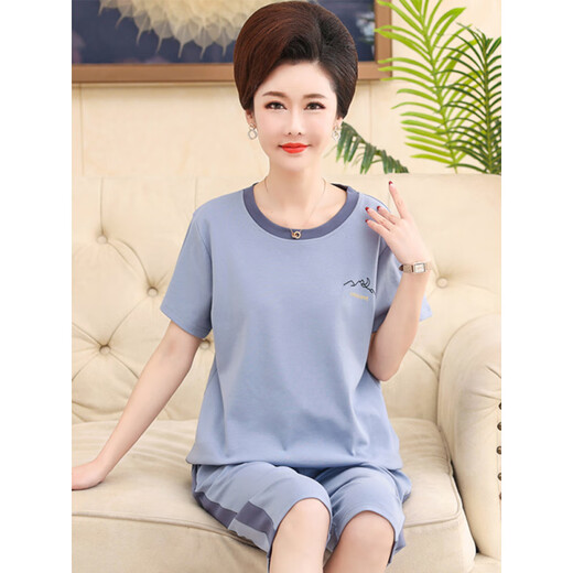 澳颜莱妈妈睡衣薄款夏季棉短袖七分裤中年女士圆领大码家居服套装 6626#_【开衫套装】 M 【建议80-斤】