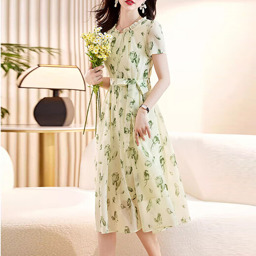 
XAE luxury high-end brand short-sleeved dress for women 2025 summer new small French slim floral chiffon skirt with rice black flowers XL