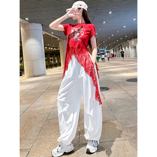 
Diligent Jazz Dance Clothing Women's Suit Adult Summer Thin Trail Dance Top Lace Spliced ​​Square Dance Casual Bouquet White Pants 6627 M [80-105Jin[Jin equals 0.5 kg]]