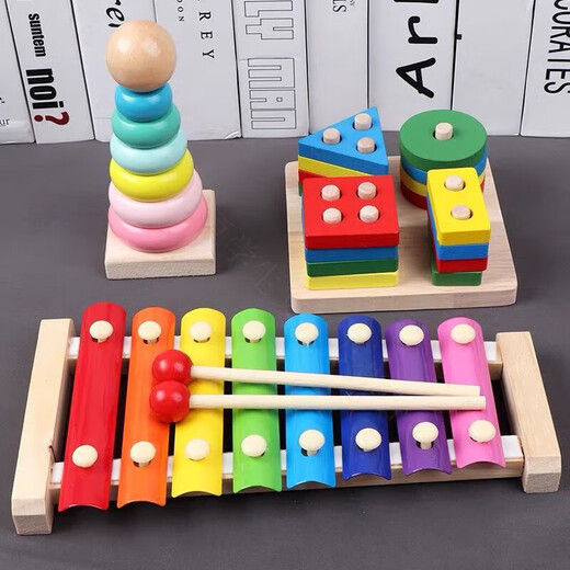 
Magic Beans, Live Basketball Children's Enlightenment Eight-Music Piano Wooden Punctuation Xylophone 1-2-3 weeks 4-year-old men and women's early childhood education baby toys Eight-Music Piano + Four sets of columns + beads + bells + towers