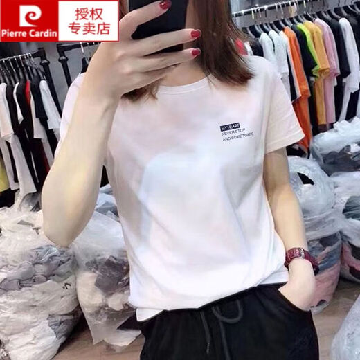 Pierre Cardin 2025 Sommer neuer Stil Front Schulter weiß kurzärmelig T-Shirt für Frauen schöne dünne lose große Baumwoll-T-Shirt Top Trendy KC693 Weiß M.