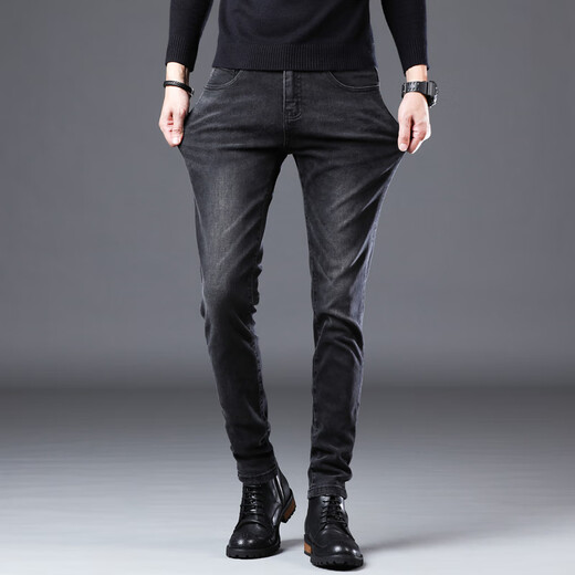 
Jinba brand men's summer thin black jeans men's slim feet Korean version high-end elastic casual high-end trousers 1048-Black 38