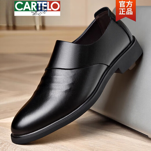 卡帝乐鳄鱼（CARTELO）皮鞋男款夏季真品透气男士休闲商务正装内增高一脚蹬上班黑色德比 6189四季款黑色 38