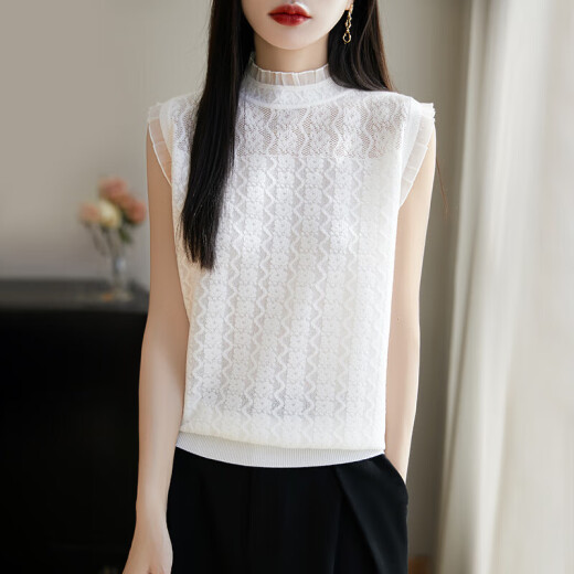 HERAGAIA精纺羊毛衫背心女2025夏季新款木耳边半高领吊带蕾丝镂空花打底衫 奶白色 JXWY5009-16 M