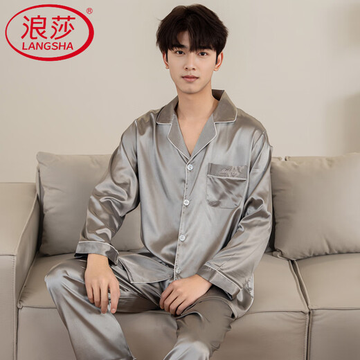Langsha Frühlings- und Herbst-Pyjamas Long Sleeve Ice Real Seide Thin Home Anzug Männer leichter Luxusstil Sommerset M6629 L [-140jin [Jin gleich 0,5 kg]]]