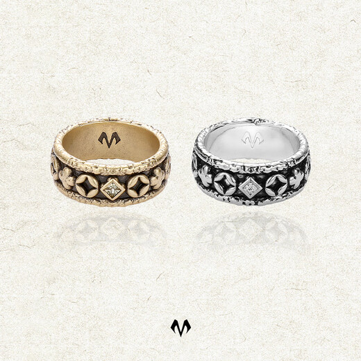 BABAMA Wuxing Series Rich Flower Double Flower Ring Men's Retro Old Copper Plated Platinum Ring Couple's Same Style Birthday Gift Ancient Gold Men's Style 59mm