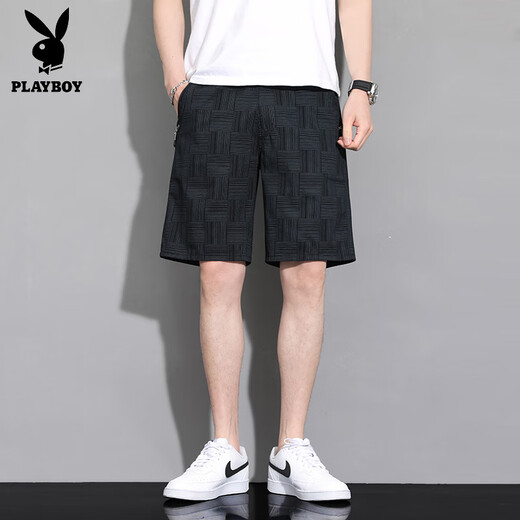 花花公子（PLAYBOY）竖条暗格子纯棉短裤男士薄款宽松百搭中裤直筒休闲五分裤外穿裤衩 黄色9871 2XL