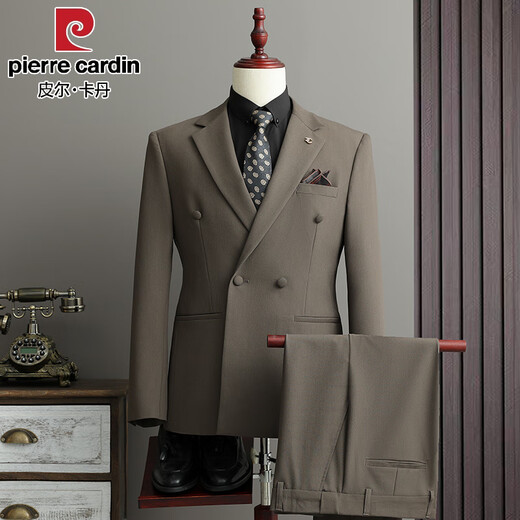 Pierre Cardin high-end double-breasted suit suit for men, groom, wedding, business casual, spring and autumn new formal suit top, brown (suit + trousers + vest) with free tie XL (suitable for 126-140 Jin Jin equals 0.5 kg)