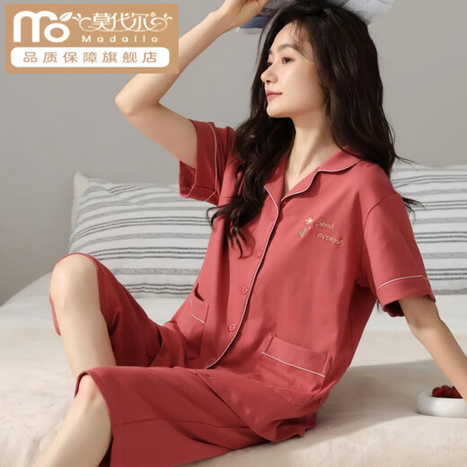 莫代尔棉质睡衣女夏季短袖七分裤大码开衫中青年女士套装外穿家居服 n9898短袖七分裤开衫 2XL (140-160斤)