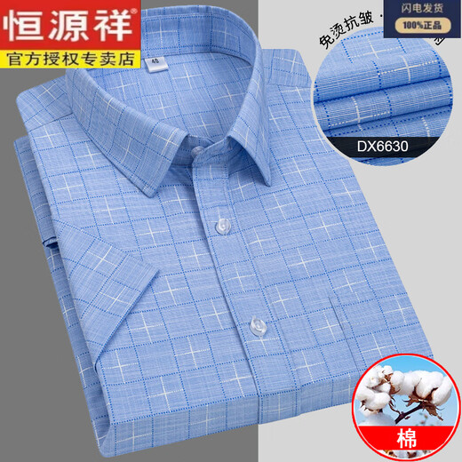 恒源祥短袖衬衫男格子夏季新款男士长绒棉衬衣半袖条纹时尚潮 蓝细格 恒-DX6629 S 38 建议95-115斤左右