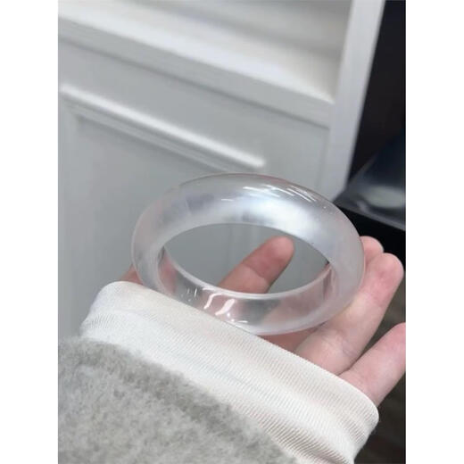 胖东来天然高冰种白月光手镯翡翠色玉镯玛瑙正圈细圆条镯子玉髓女水沫玉 53-54mm宽条