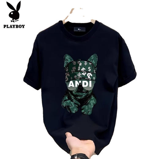 
Playboy (PLAYBOY) European and American trendy summer pure cotton short-sleeved T-shirt for men 2025 new T-shirt loose large size couple outfit men's half-sleeved V691 black S