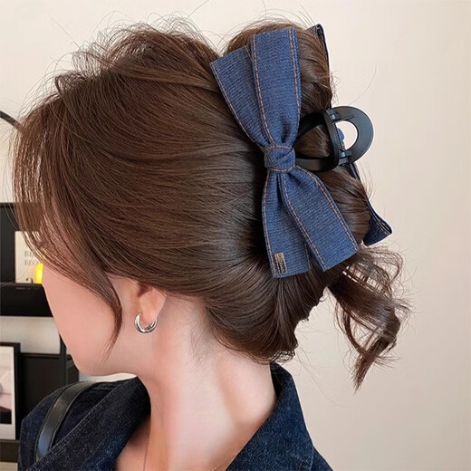 Hua Shike Korean Fashionable Denim Bow Clip Women's 2025 New Fashion High-end Hair Clip Shark Clip on the Back of the Head 1# Denim Blue-Bow Tie Clip
