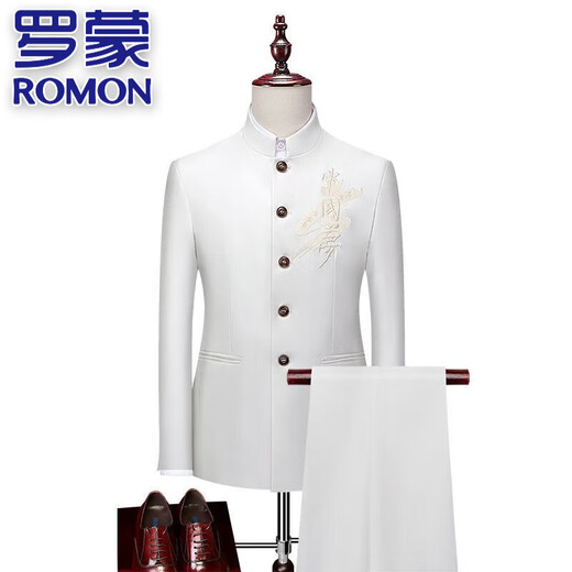 罗蒙（ROMON）男士西服套装立领中国梦刺绣中山装西装套装胖子加肥加大码两件套 黑色(西装+西裤)两件套 6XL