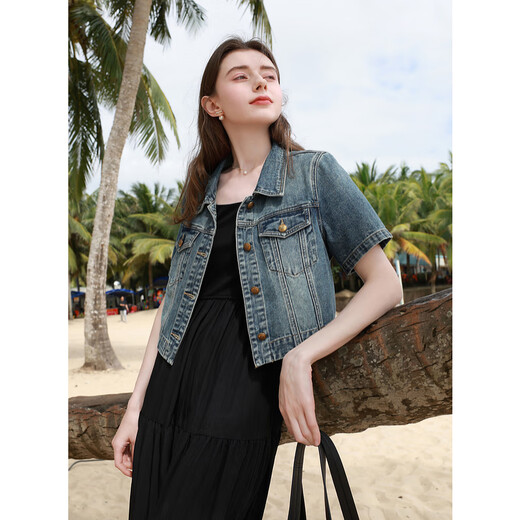 Three Color 2025 Summer New Retro Denim Jacket Lapel Front Shoulder Short Sleeve Cardigan Pure Cotton Short Casual M