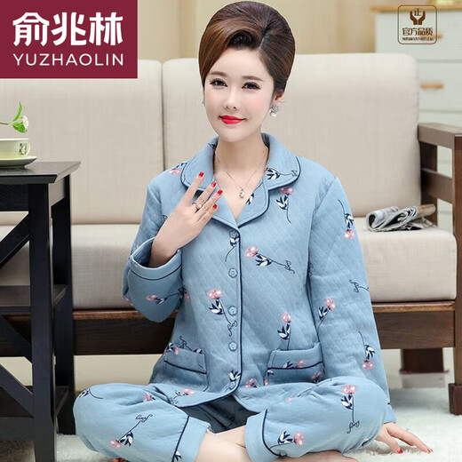 俞兆林空气棉睡衣女士秋冬季纯棉中老年妈妈夹层家居服加厚老人婆婆套装 12101# XL [建议120-140斤]