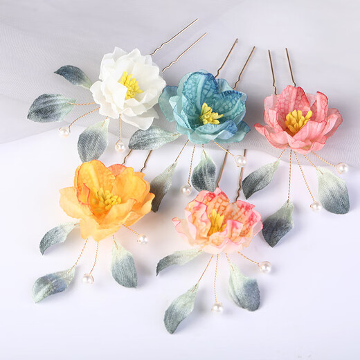 Meng Junchen, permed velvet leaf hairpin, ancient style hair accessories, silk flower headdress, Hanfu accessories, super fairy hairpin, daily U hairpin, flowers, permed velvet leaf - pink and purple