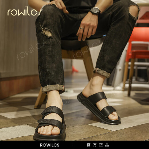 rowilcs品牌高档拖鞋男2025新款夏季户外穿耐磨高端男士沙滩鞋开车凉鞋男 黑色 38
