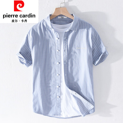 皮尔卡丹（pierre cardin）男士条纹衬衫短袖宽松夏季薄款日系休闲百搭纯棉衬衣夏装衣服针织 9721白色 M 100斤左右