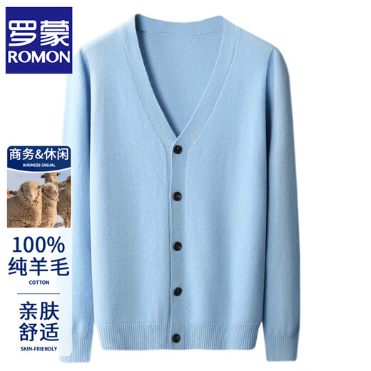 ROMON's new autumn and winter 100% wool sweater men's V-neck solid color cardigan sweater jacket loose casual versatile sweater sky blue L