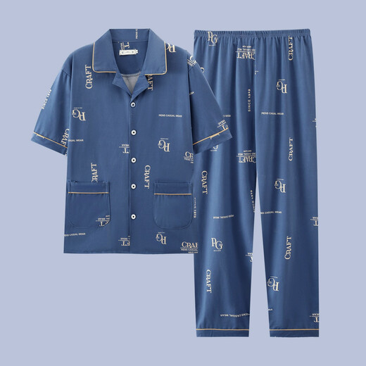 酷章（KUZHANG）男士睡衣夏季短袖长裤纯棉薄款青少年家居服可外穿加大码休闲套装 g3884蓝色-短袖长裤 2XL 建议140-160斤