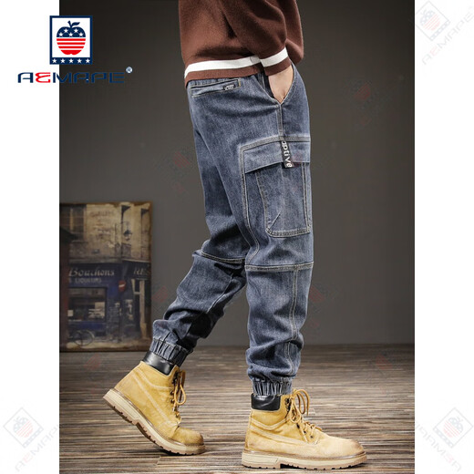 AEMAPE jeans men's spring and summer elastic elastic waist American retro loose tie feet workwear trendy brand casual trendy harem pants blue and gray S suitable for 100-115Jin [Jin equals 0.5 kg]